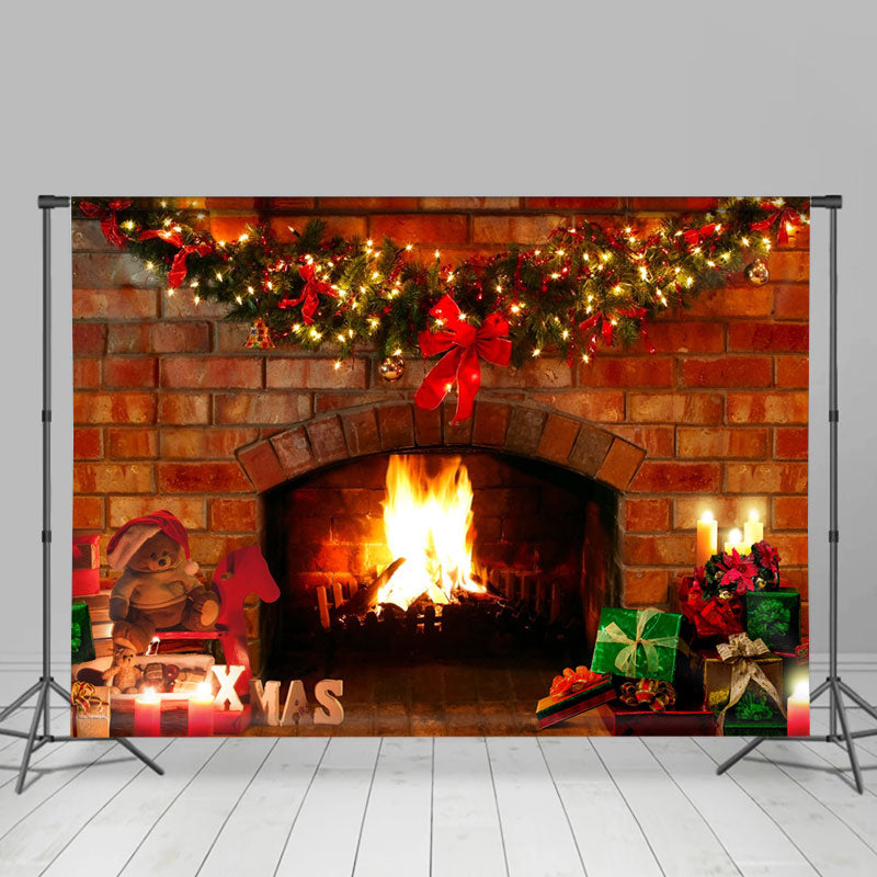 Lofaris Warm House With Teddy Bear Merry Christmas Backdrop