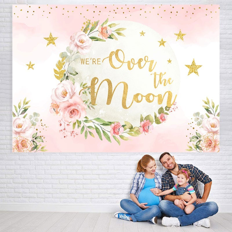 Lofaris We Are Over The Moon Pinl Glitter Baby Shower Backdrop