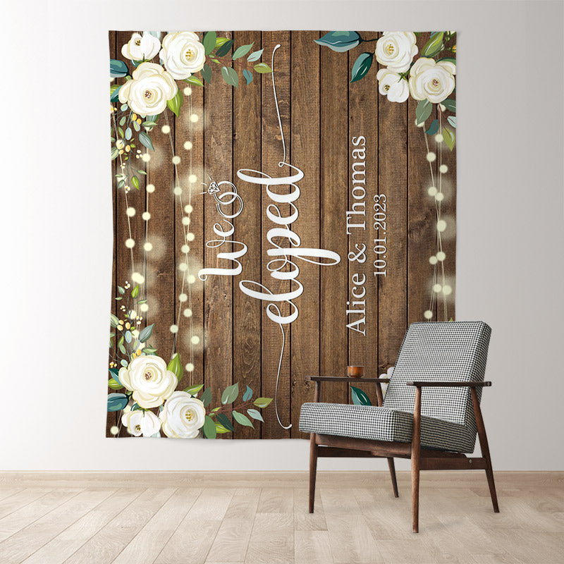 Lofaris We Eloped White Rose Country Wooden Wedding Backdrop