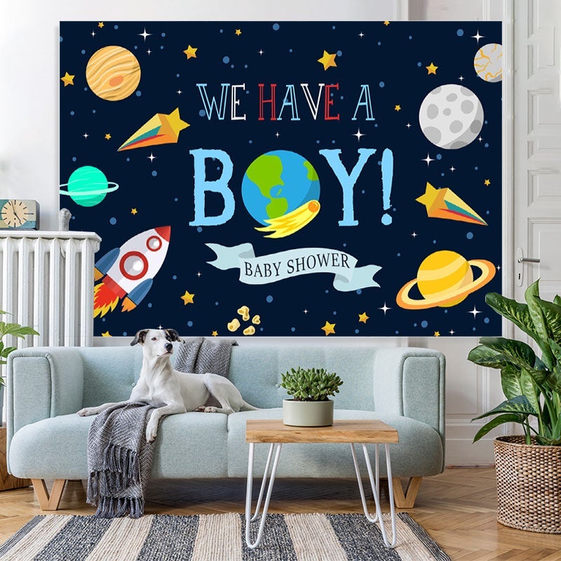Lofaris We Have A Boy Space Theme Baby Shower Backdrop For