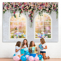 Lofaris White And Floral Bricks Window Spring Backdrop