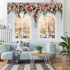 Lofaris White And Floral Bricks Window Spring Backdrop