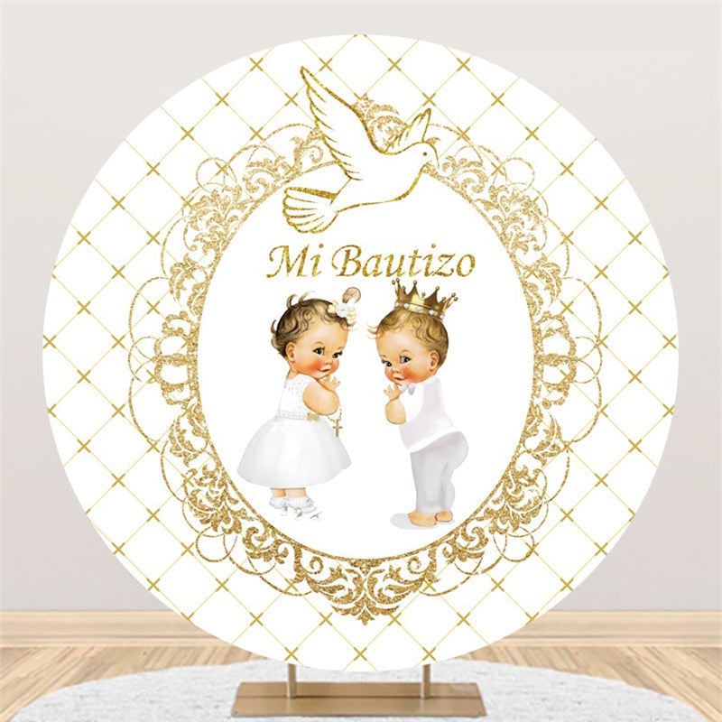 Lofaris White And Golden Themed Round Baby Shower Backdrop