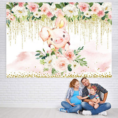 Lofaris White and pink floral cute pig baby shower backdrop