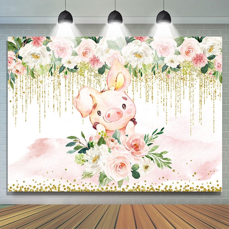 Lofaris White and pink floral cute pig baby shower backdrop