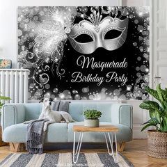 Lofaris White Black Silver Masquerade Happy Birthday Backdrop