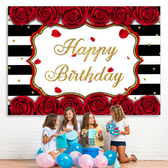 Lofaris White-Black Stripes And Rose Happy Birthday Backdrop