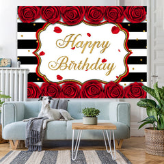 Lofaris White-Black Stripes And Rose Happy Birthday Backdrop