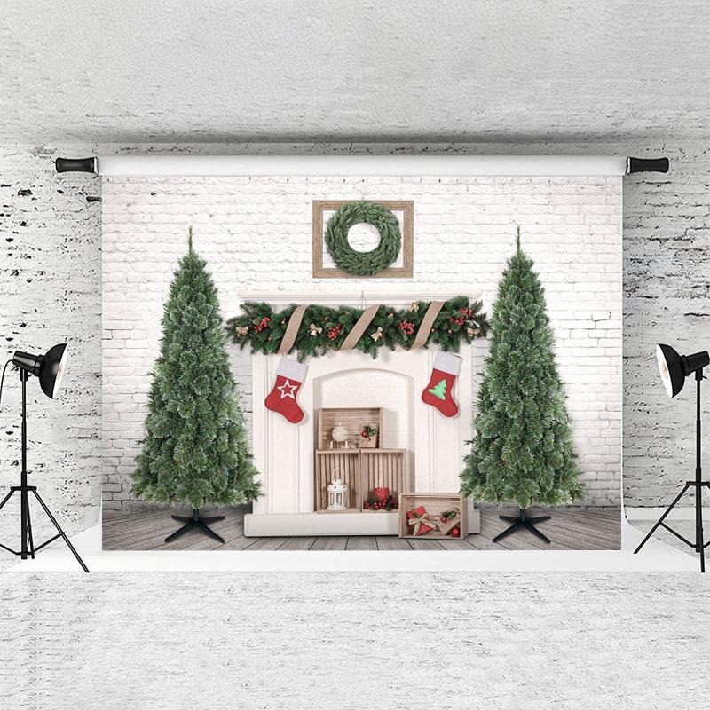 Lofaris White Brick Christmas Wreath Tree Backdrop