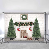 Lofaris White Brick Christmas Wreath Tree Backdrop