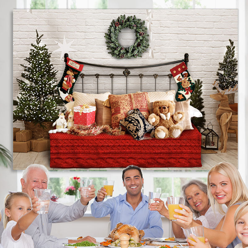 Lofaris White Bricks And Bed With Pillows Teddy Bear Backdrop