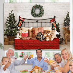 Lofaris White Bricks And Bed With Pillows Teddy Bear Backdrop