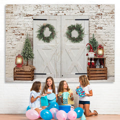 Lofaris White Bricks And Door With Christmas Tree Backdrop