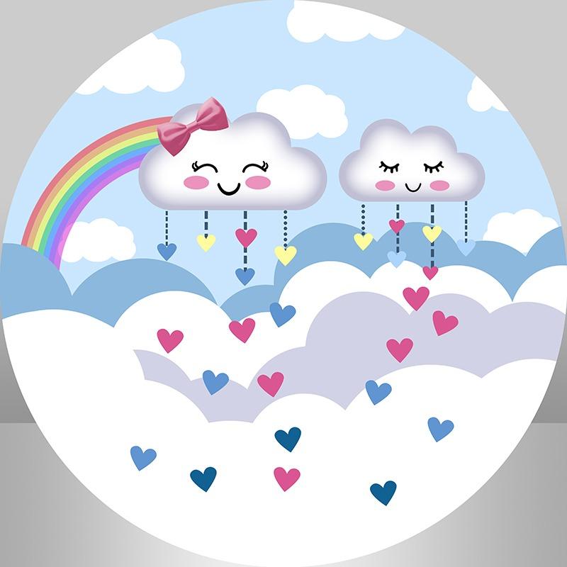 Lofaris White Clouds And Rainbow Round Birthday Party Backdrop