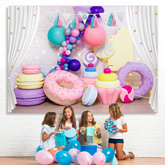 Lofaris White Curtain Color Balloon Donut Macaron Backdrop
