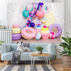 Lofaris White Curtain Color Balloon Donut Macaron Backdrop