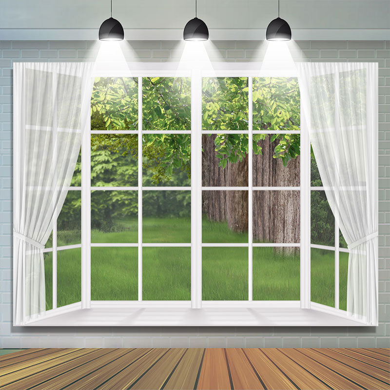 Lofaris White Curtain Green Tree Wooden Spring Scene Backdrop