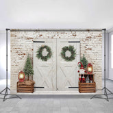 Lofaris White Door Brick Green Wreath Doll Christmas Backdrop