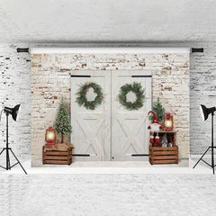 Lofaris White Door Brick Green Wreath Doll Christmas Backdrop