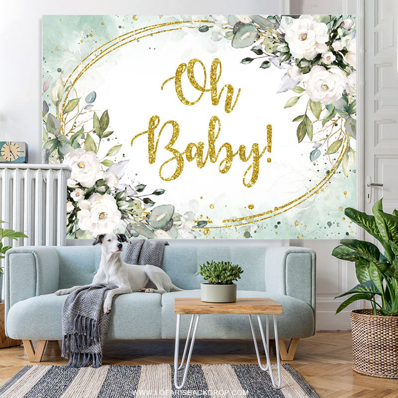 Lofaris White Floral And Green Leaves Gold Baby Shower Backdrop
