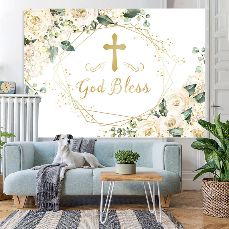 Lofaris White Floral God Bless Baby Shower Backdrop Decoration