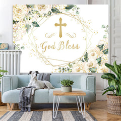 Lofaris White Floral God Bless Baby Shower Backdrop Decoration