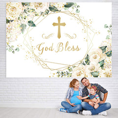 Lofaris White Floral God Bless Baby Shower Backdrop Decoration