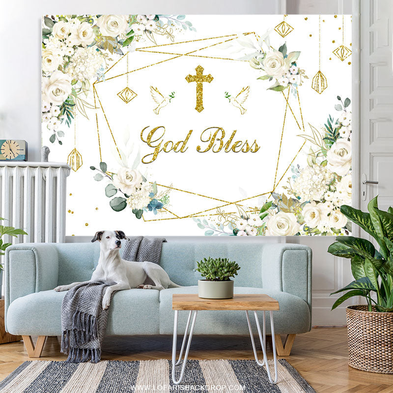 Lofaris White Floral Gold Glitter God Bless Baby Shower Backdrop
