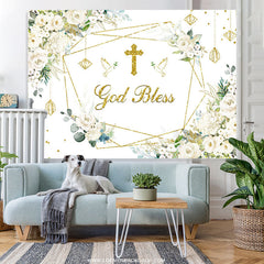 Lofaris White Floral Gold Glitter God Bless Baby Shower Backdrop