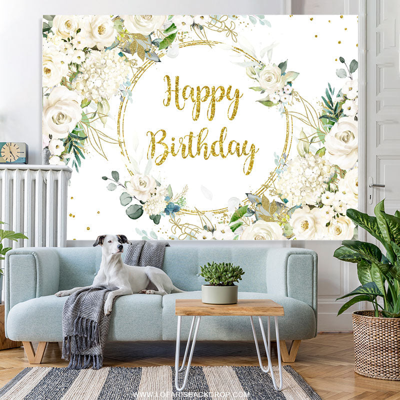 Lofaris White Floral Gold Glitter Happy Birthday Party Backdrop