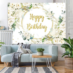 Lofaris White Floral Gold Glitter Happy Birthday Party Backdrop
