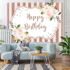 Lofaris White Floral Pink and Rose Gold Bokeh Birthday Backdrop