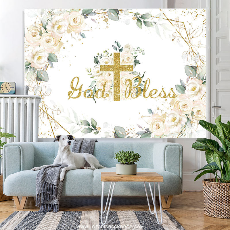 Lofaris White Flower Gold God Bless Happy Birthday Backdorp