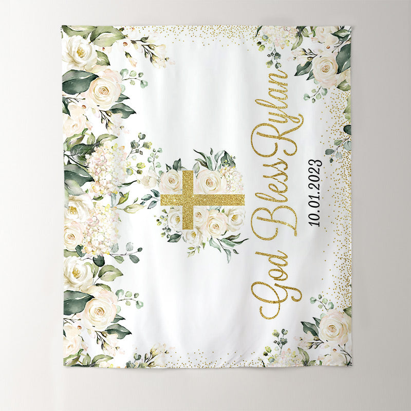 Lofaris White Flowers God Bless Backdrop For Wedding Party