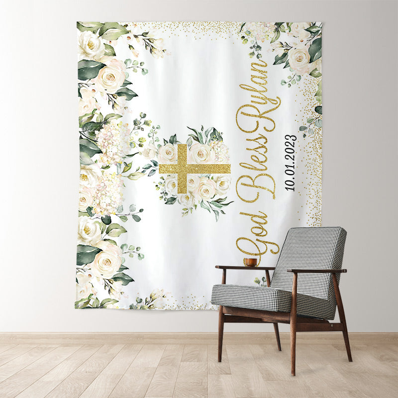 Lofaris White Flowers God Bless Backdrop For Wedding Party