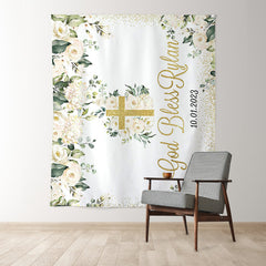 Lofaris White Flowers God Bless Backdrop For Wedding Party