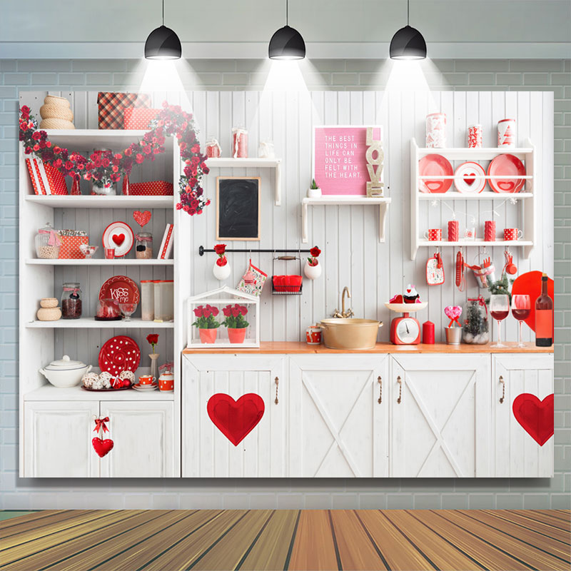 Lofaris White Kitchen Theme Heart Happy Valetines Day Backdrop