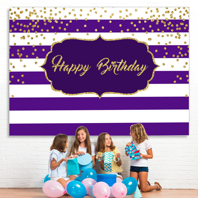 Lofaris White-Purple Stripes And Gold Happy Birthday Backdrop