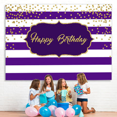 Lofaris White-Purple Stripes And Gold Happy Birthday Backdrop