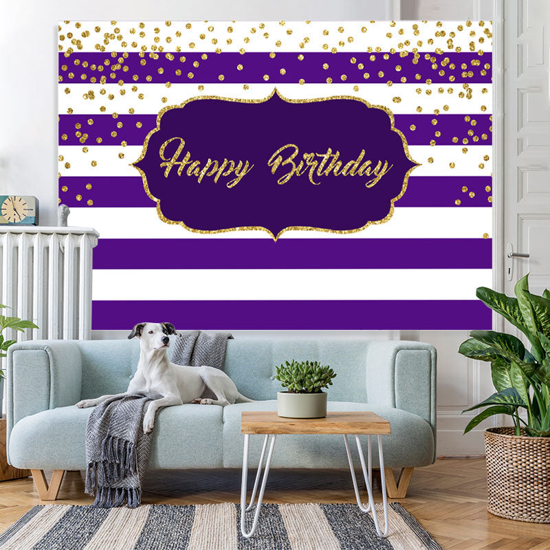 Lofaris White-Purple Stripes And Gold Happy Birthday Backdrop