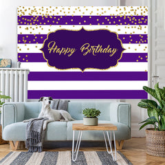 Lofaris White-Purple Stripes And Gold Happy Birthday Backdrop