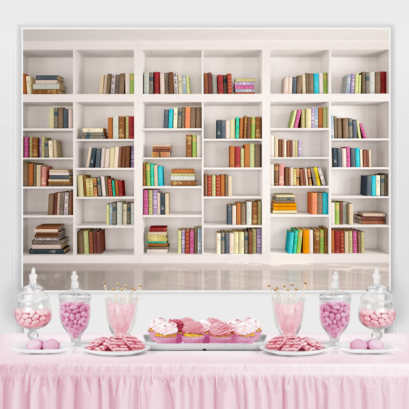 Lofaris White shelf full of books back to school Backdrop