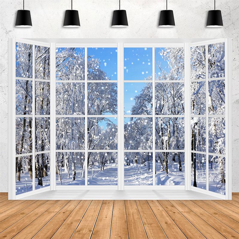 Lofaris White Snowflake Trees Window Backdrop for Winter
