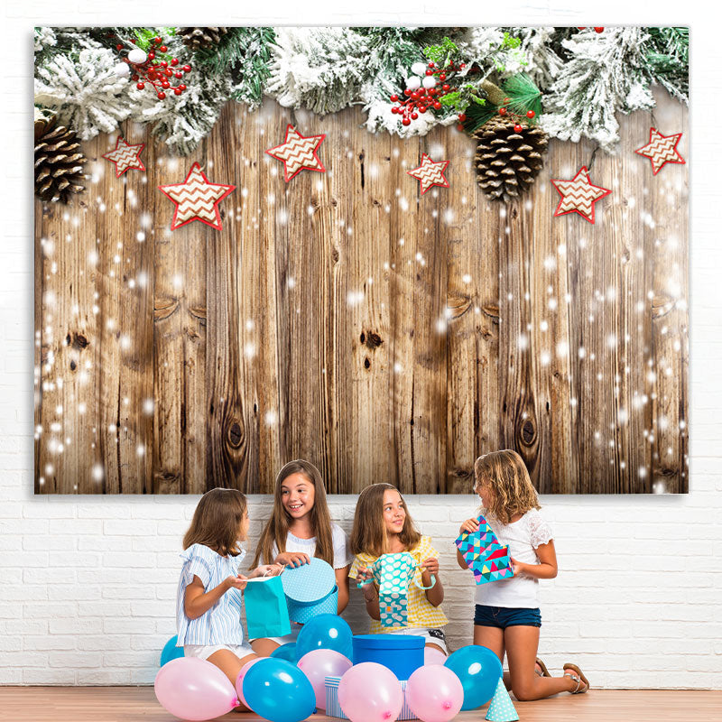 Lofaris White Snowy Christmas Tree With Stars Wooden Backdrop