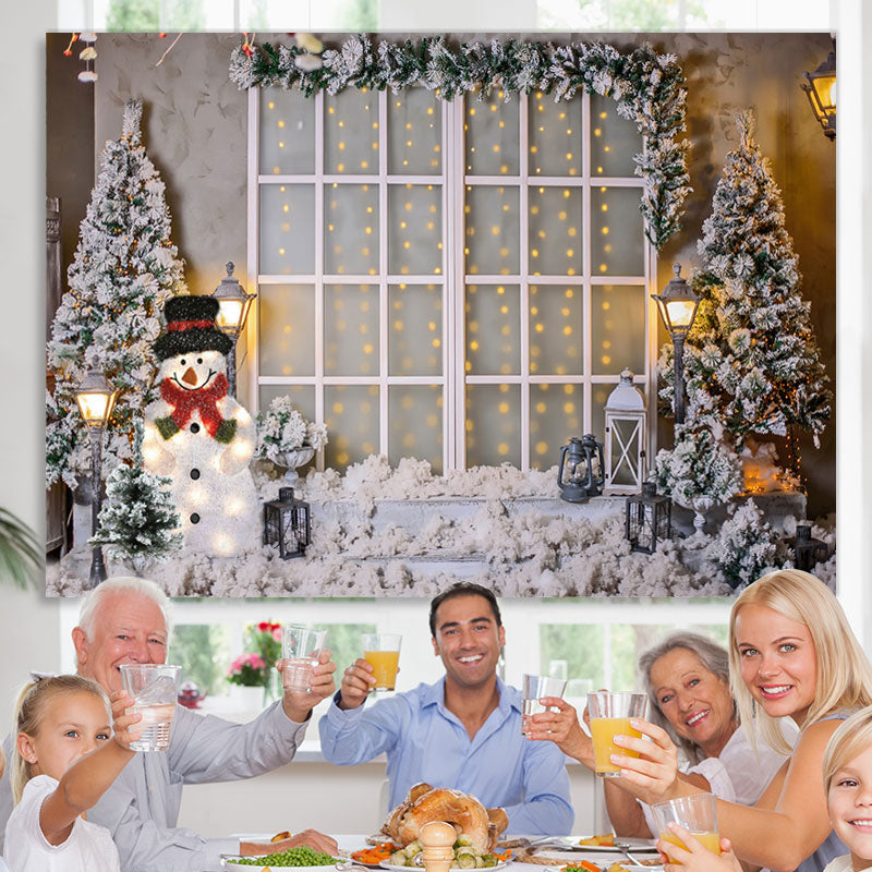 Lofaris White Snowy World With Christmas Trees And Snowman