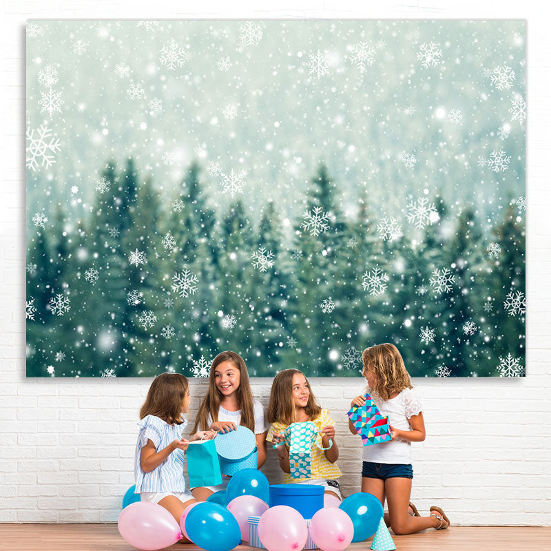 Lofaris White Sonwflake and Green Forest Winter Party Backdrop