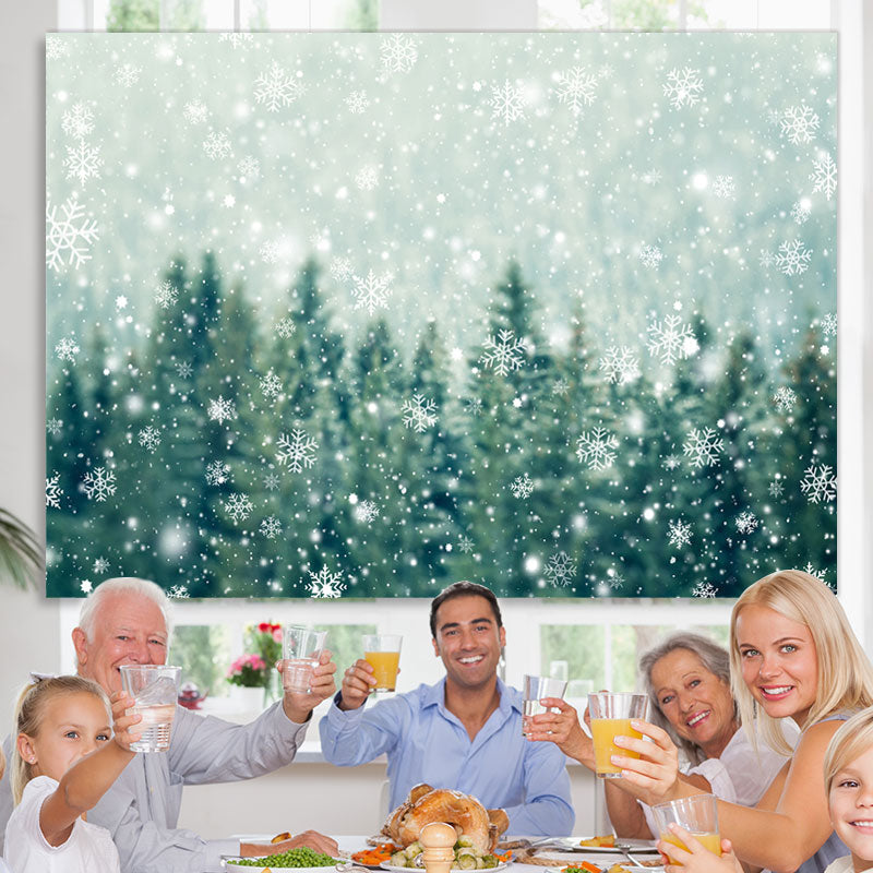 Lofaris White Sonwflake and Green Forest Winter Party Backdrop