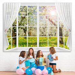 Lofaris White Window And Curtain Floral Tree Spring Backdrop