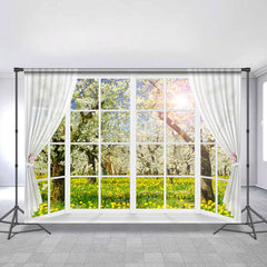 Lofaris White Window And Curtain Floral Tree Spring Backdrop
