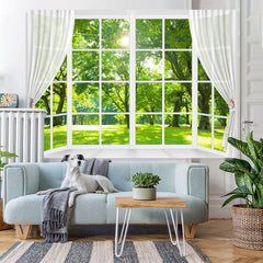 Lofaris White Window And Green Trees With Sunshine Backdrop
